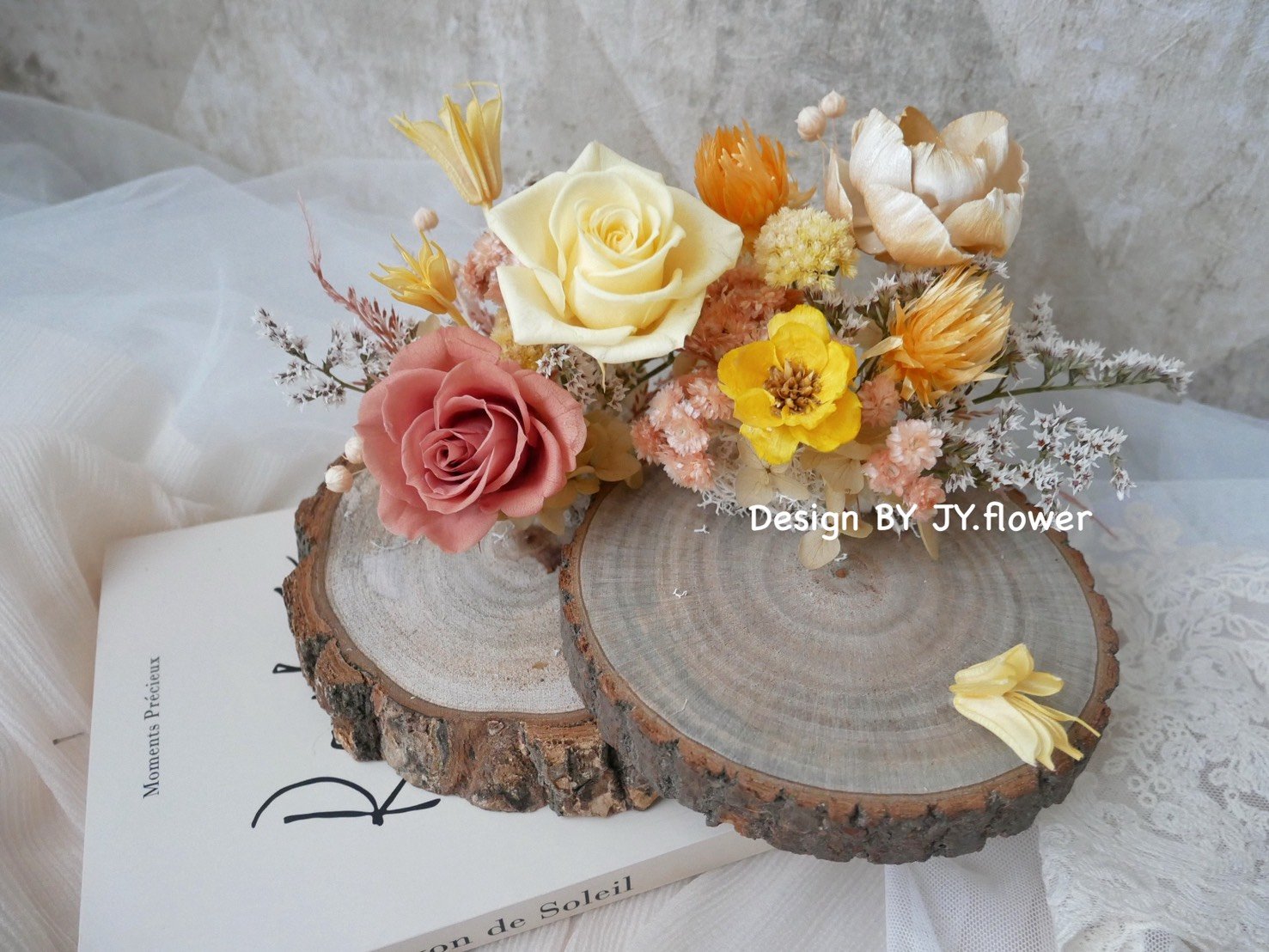 雙層木片永生玫瑰名片座【暖杏】