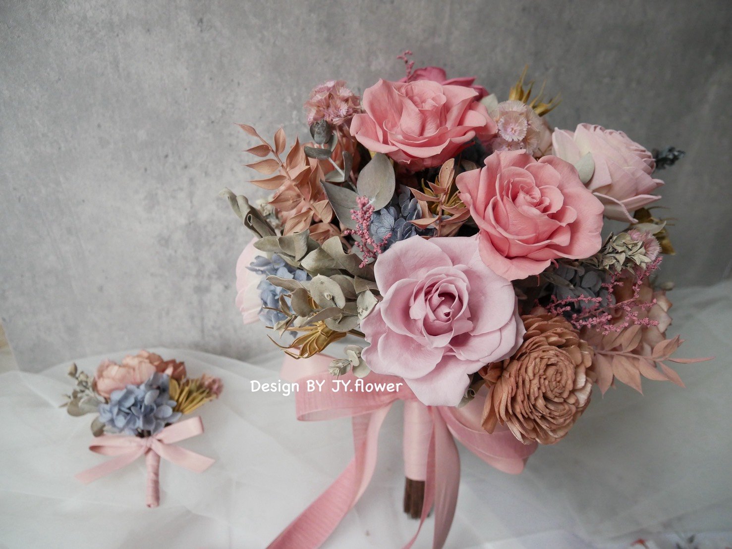 現貨25cm－自然型手綁韓式不凋捧花【霧紗粉紫】/仿舊復古色調