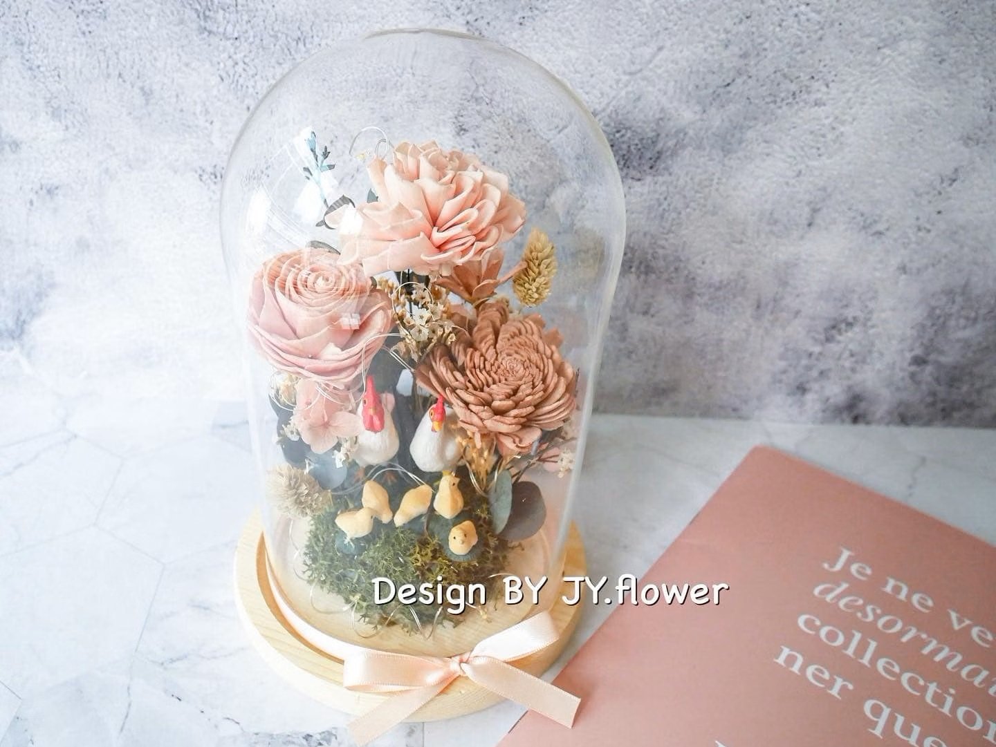 乾燥花長型玻璃罩帶路雞夜燈【流沙霧粉】