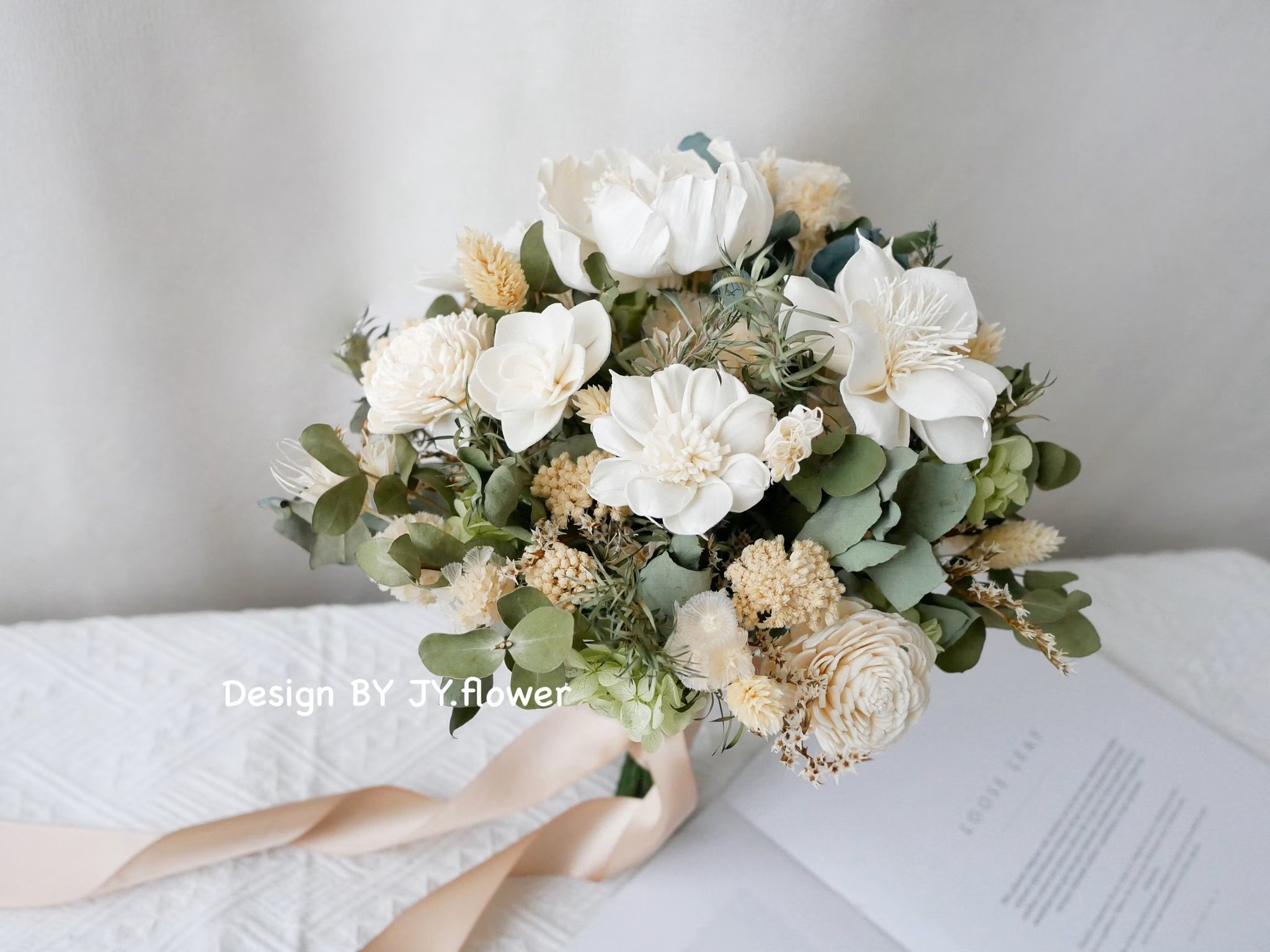 自然型手綁乾燥花分束捧花【純粹白系】