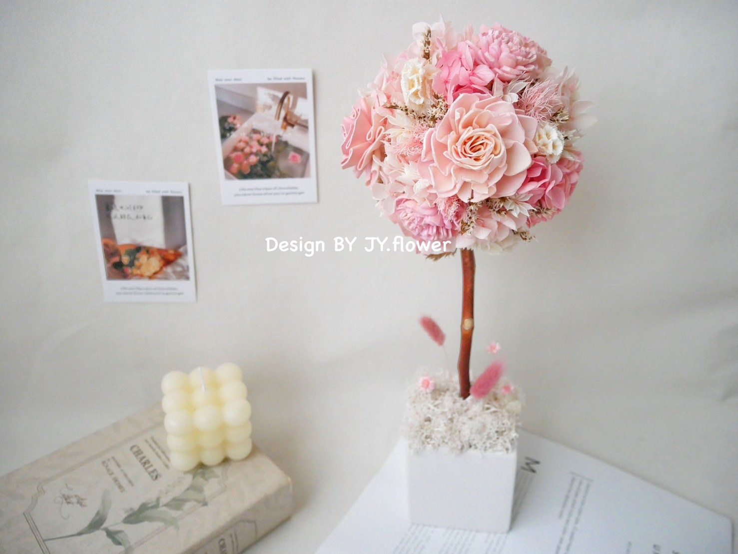 乾燥永生繡球花球樹盆花【戀戀粉櫻】