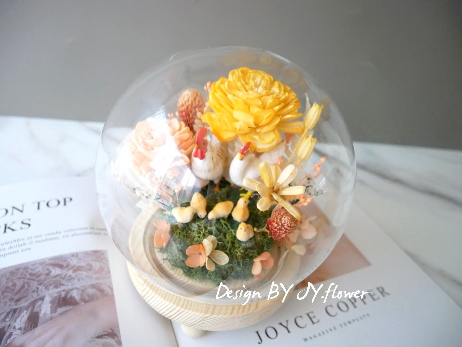 乾燥花水晶球玻璃罩帶路雞夜燈【金雞報喜】