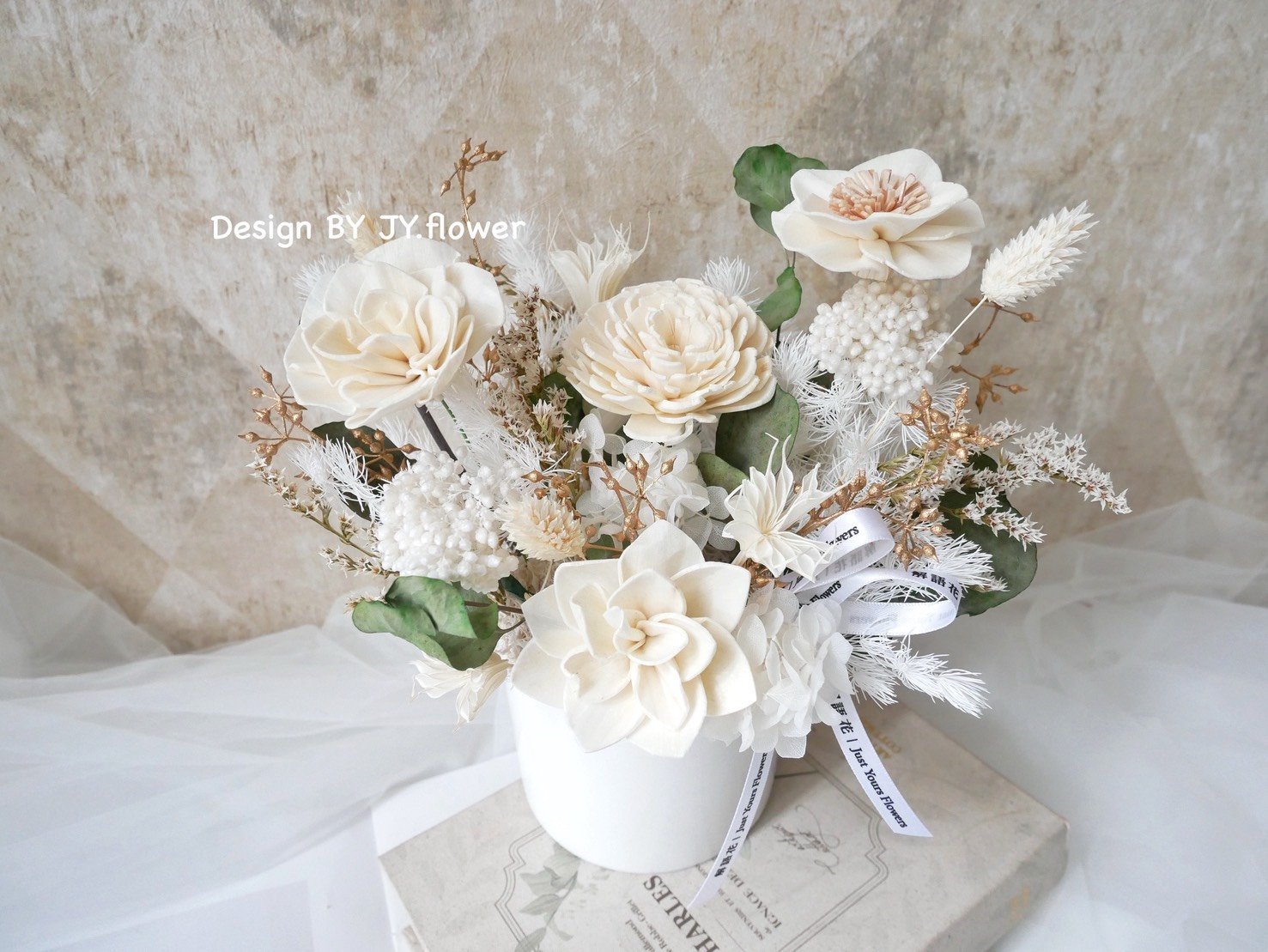 中大型圓盆乾燥花盆花【純白流金】