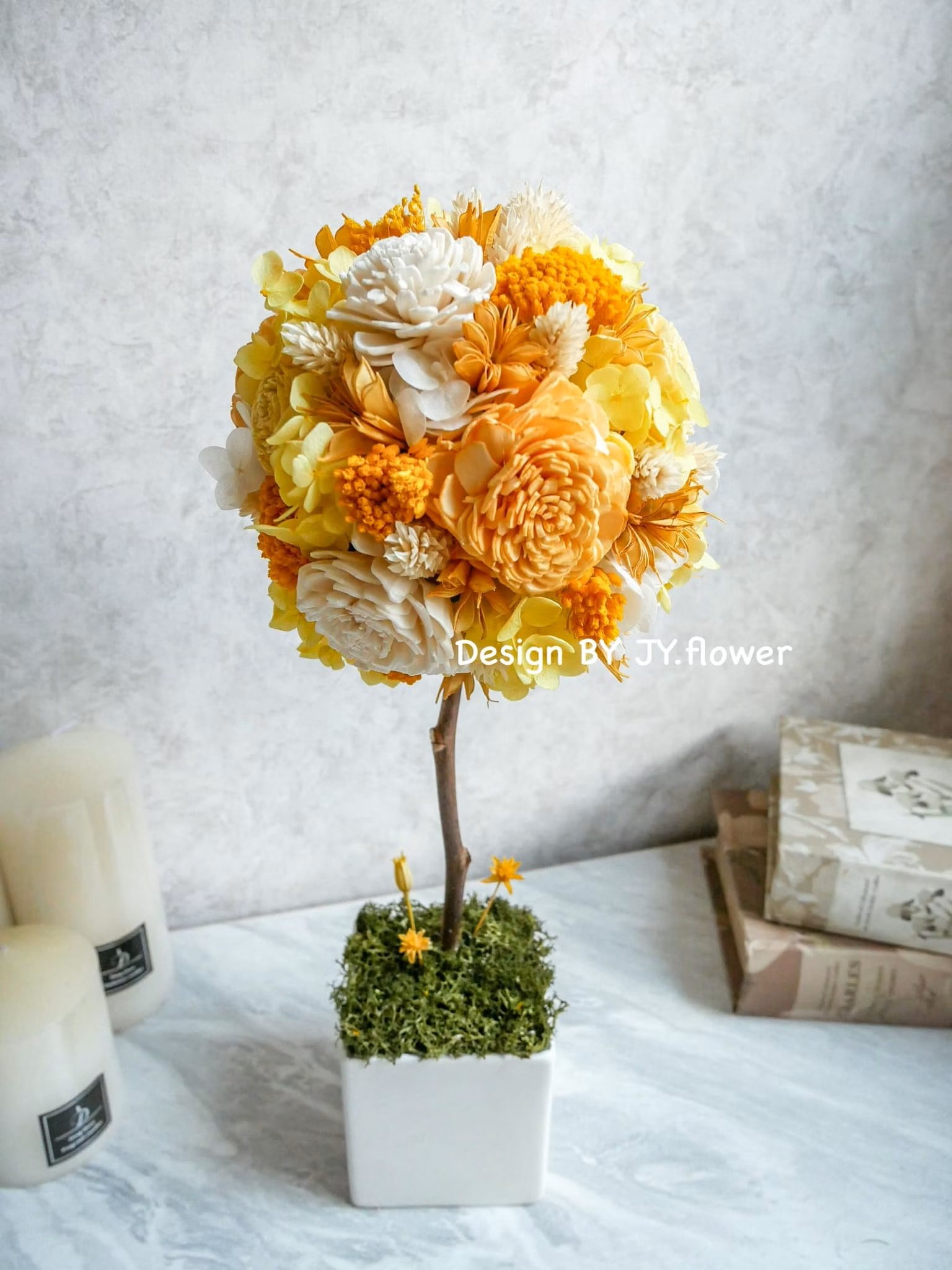 乾燥永生繡球花球樹盆花【橙花閃耀】