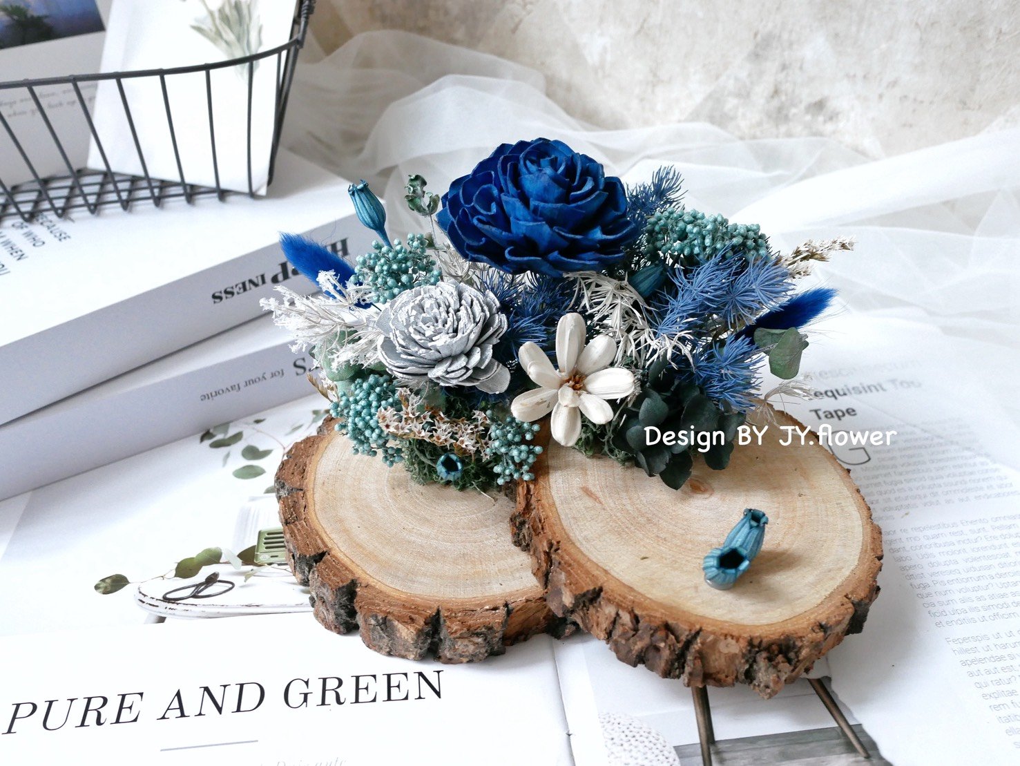 雙層木片乾燥花名片座【藍調】