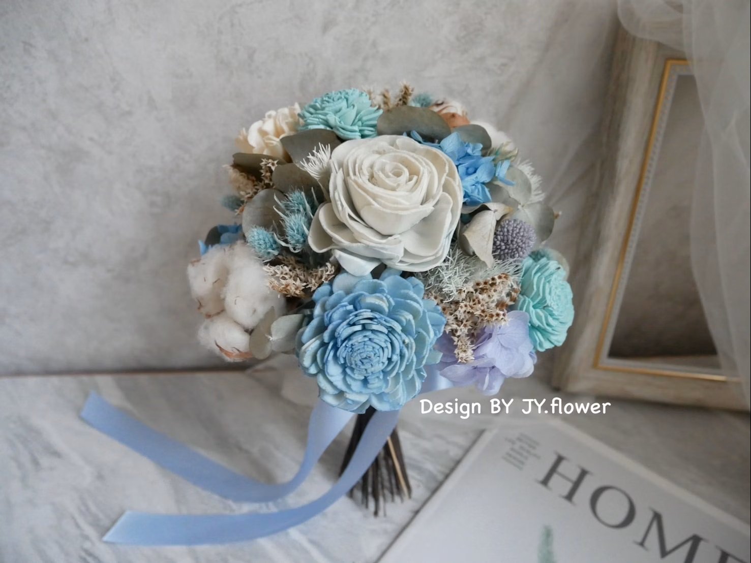 圓形迷你款乾燥花捧花【寒冰灰藍】