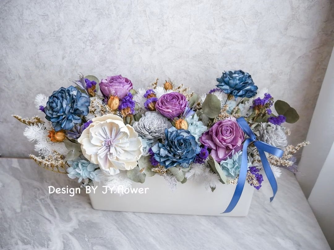 大型長盆乾燥花盆花【紳藍魅紫】