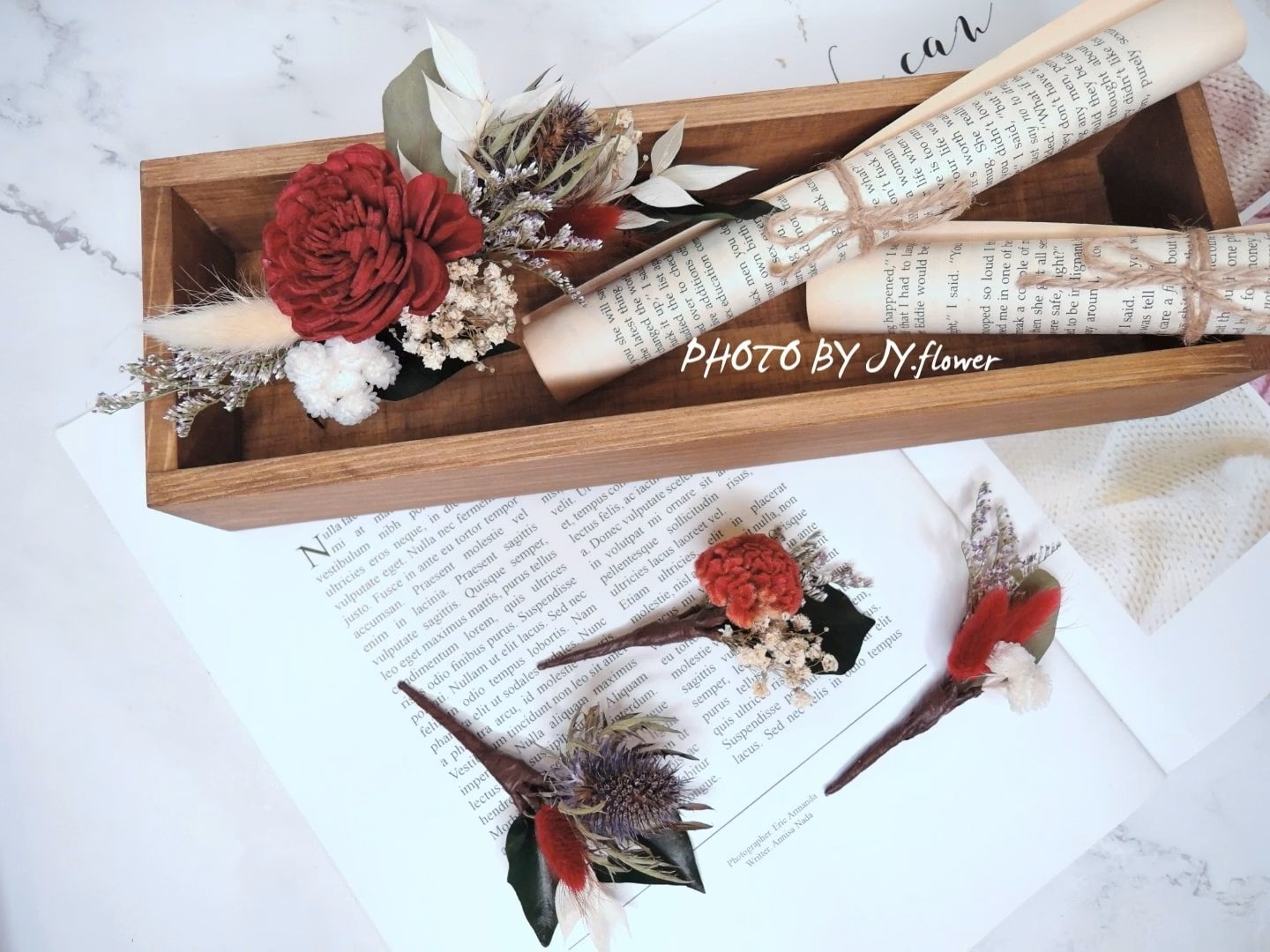 乾燥花髮插+長型髮飾4件組【暗紅靛藍】