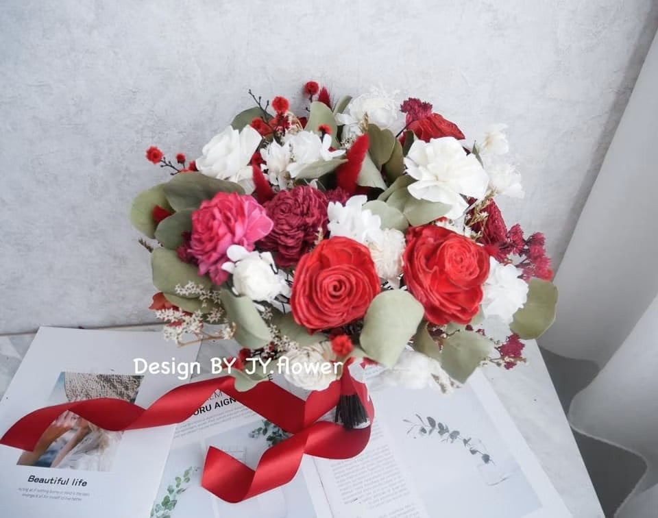 自然型手綁乾燥花分束捧花【緋紅嫣然】