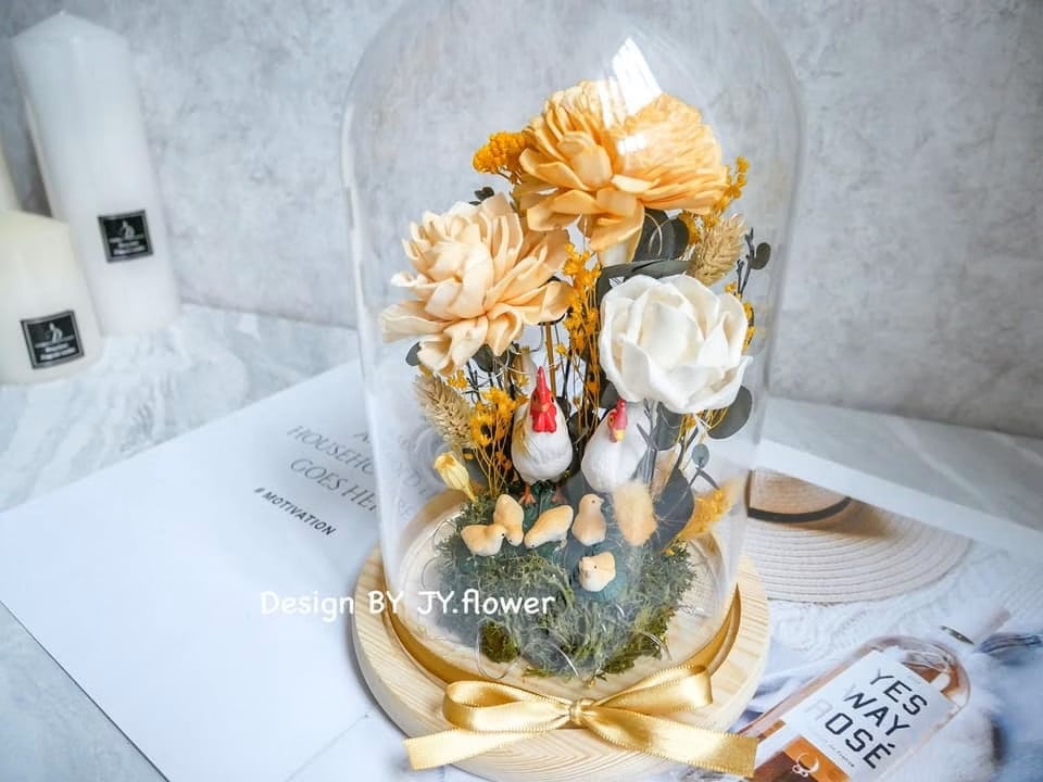 乾燥花長型玻璃罩帶路雞夜燈【燦爛如昔】