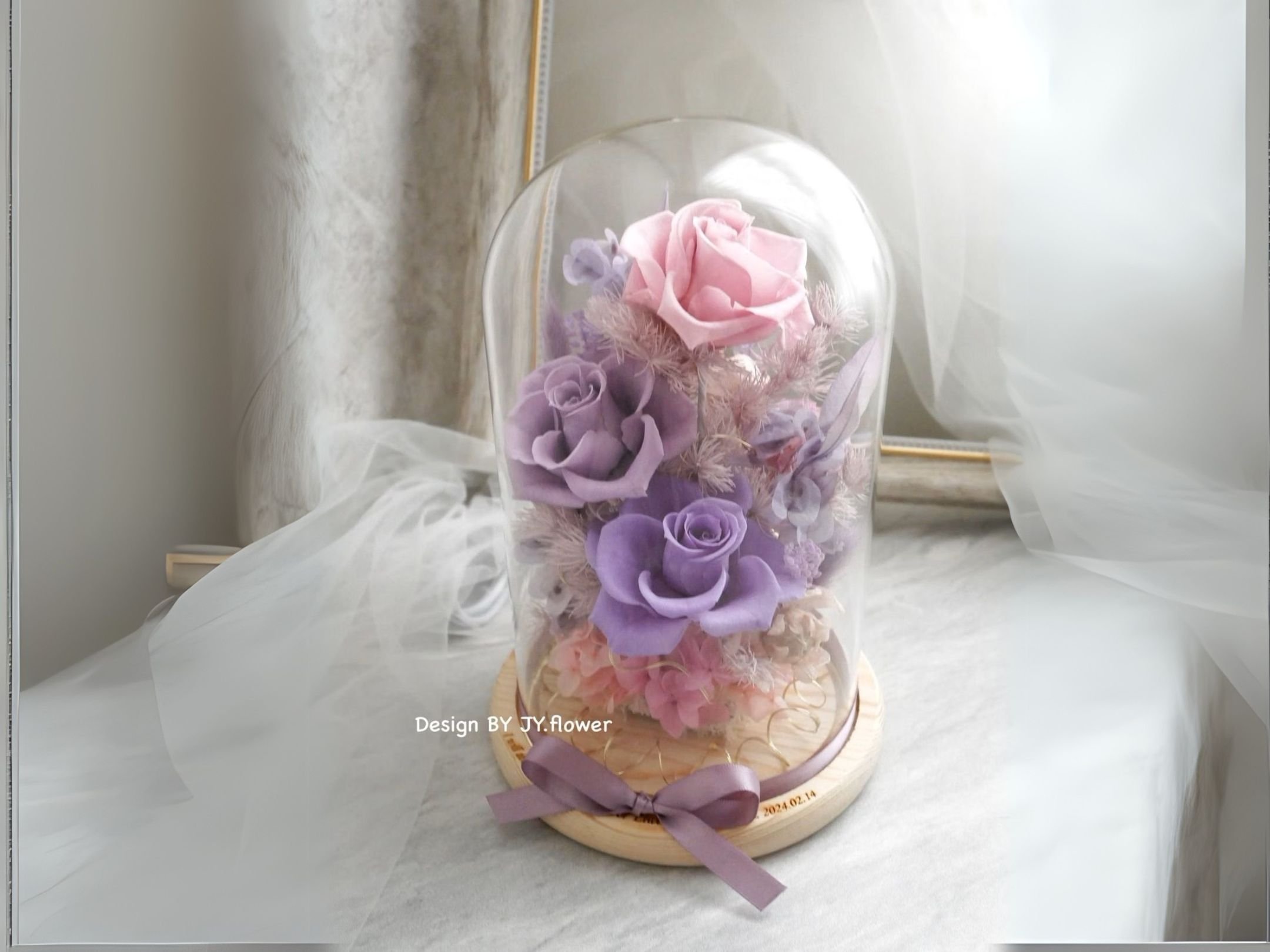 永生玫瑰長型玻璃罩夜燈【霧紫粉晶】