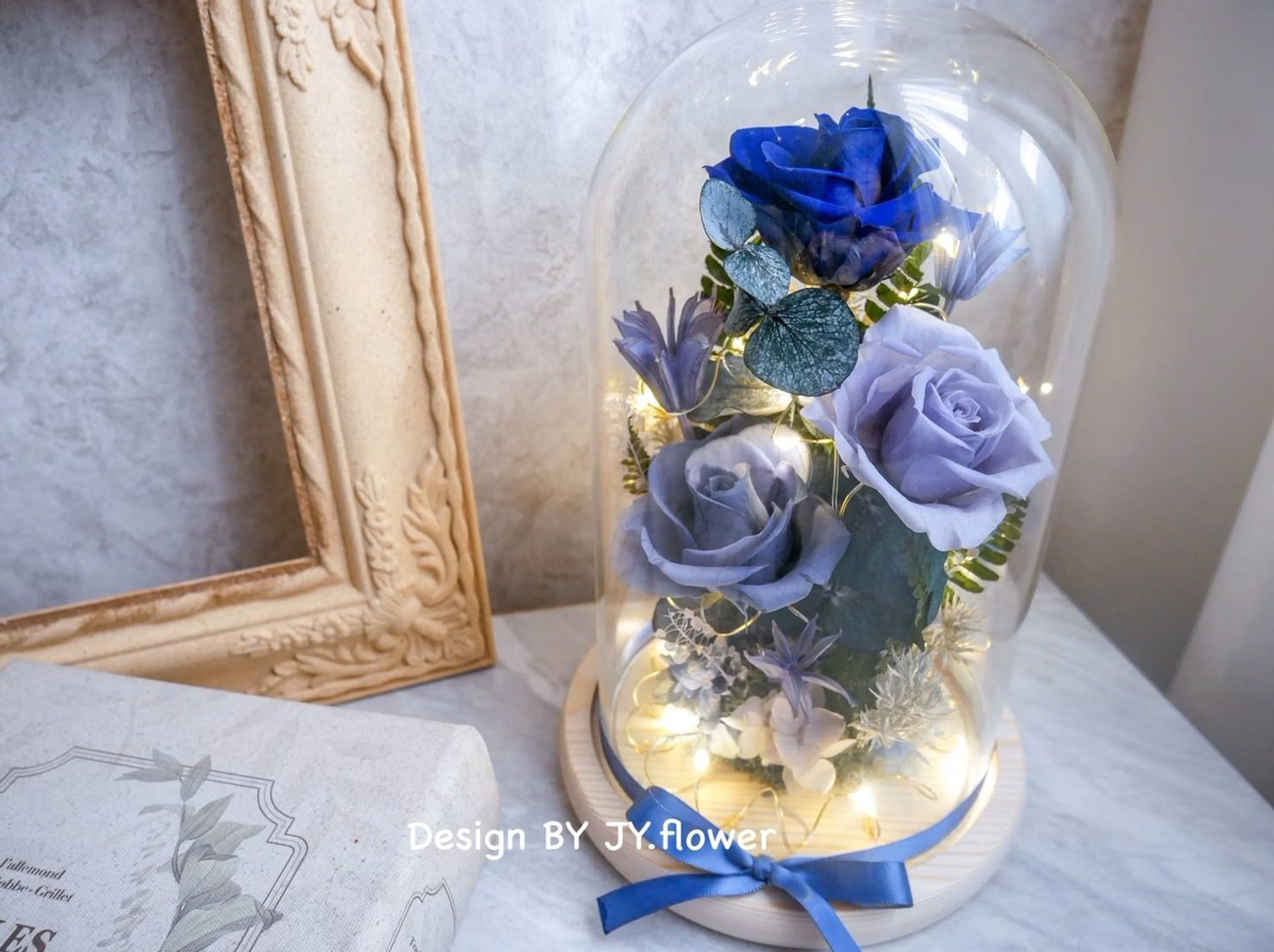 永生玫瑰長型玻璃罩夜燈【靜謐藏藍】