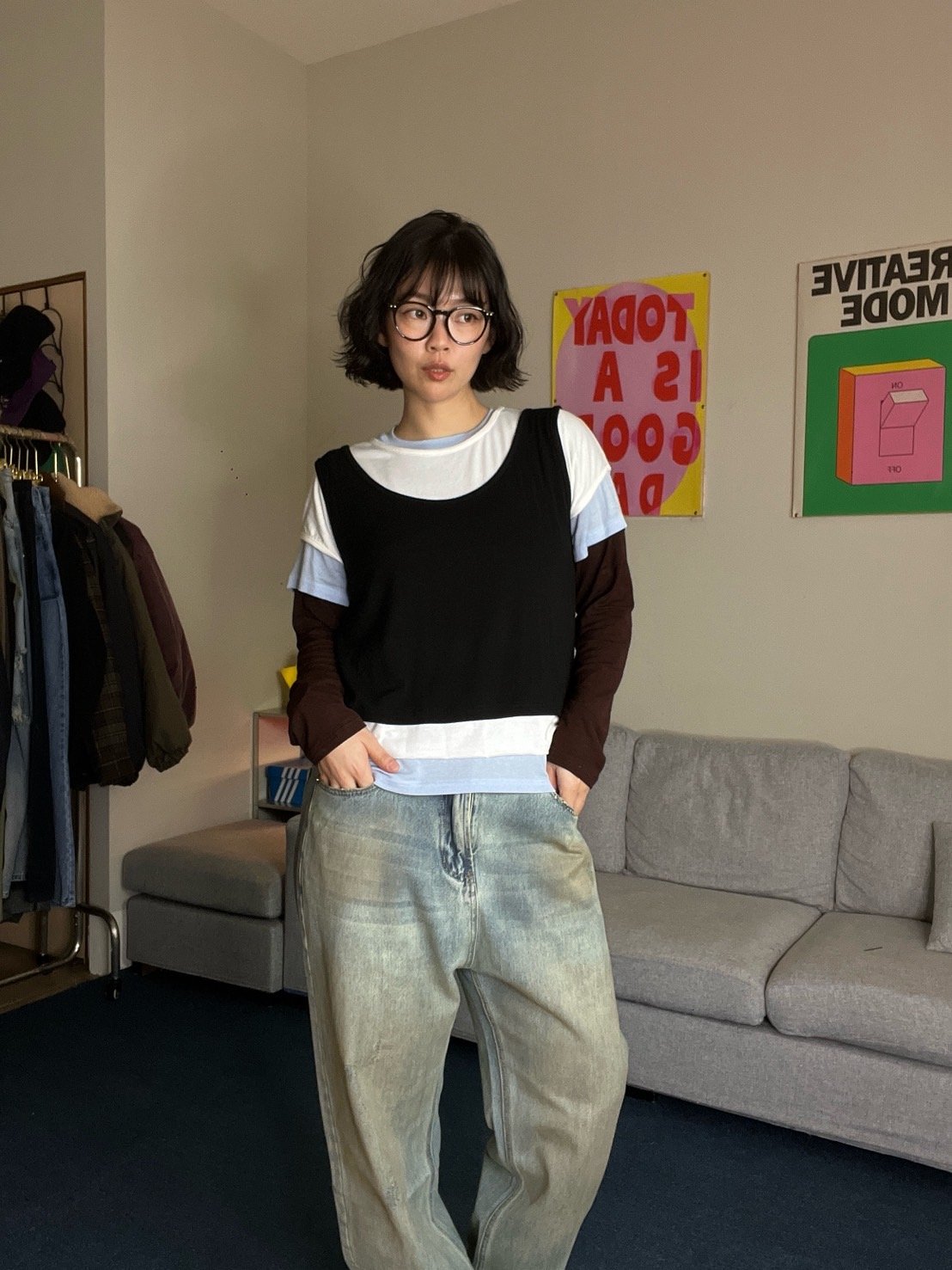 疊穿長袖打底T恤吊帶背心套裝