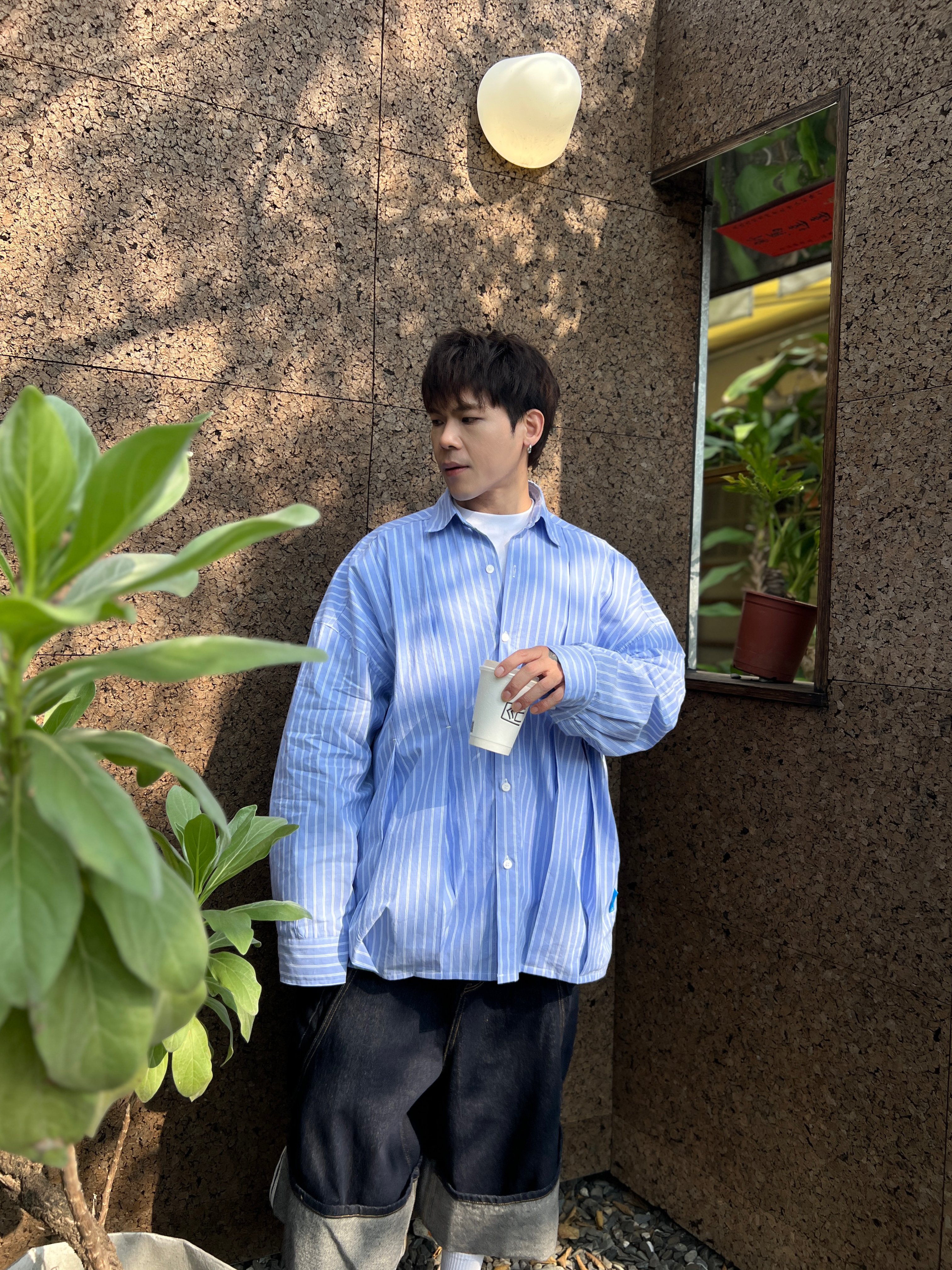 抓摺條紋廓形襯衫