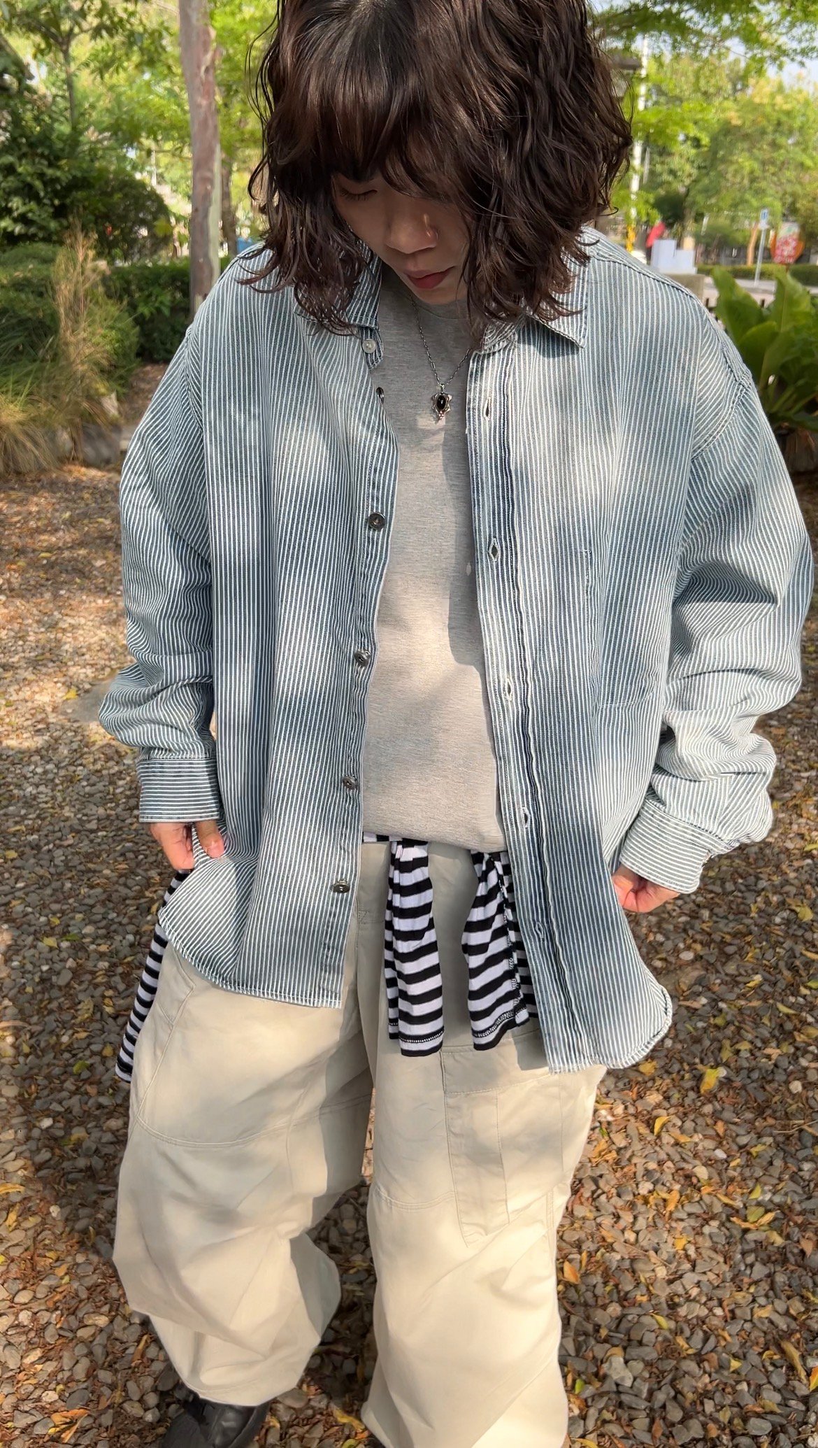 條紋水洗春季棉質襯衫外套