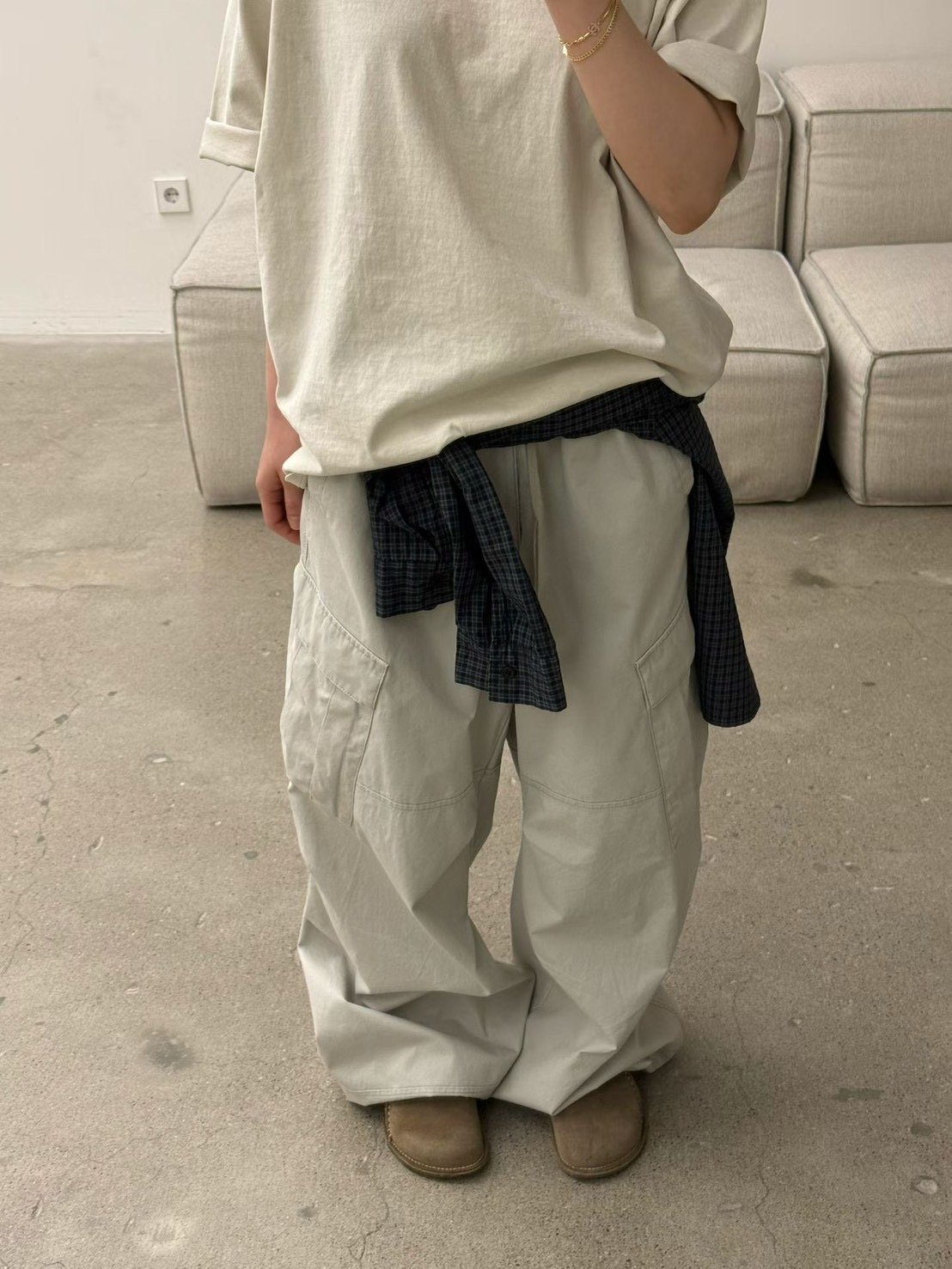 高階斜褶口袋工裝街頭休閒褲