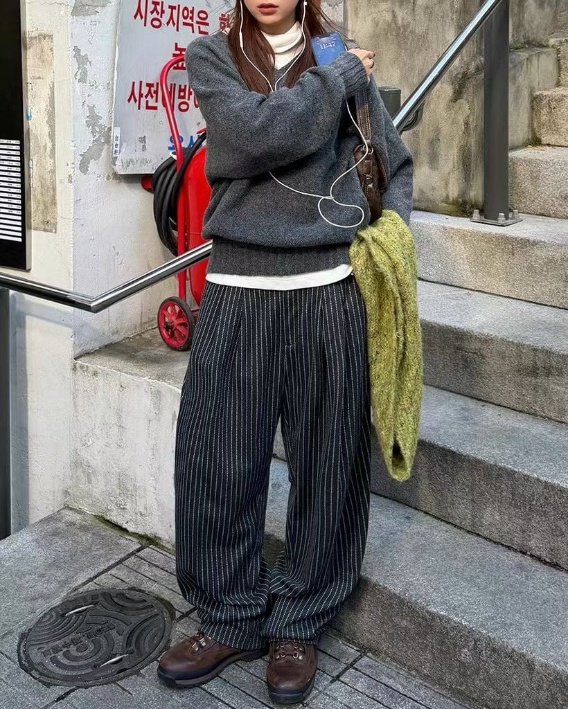 直條細紋高級闊腿西褲