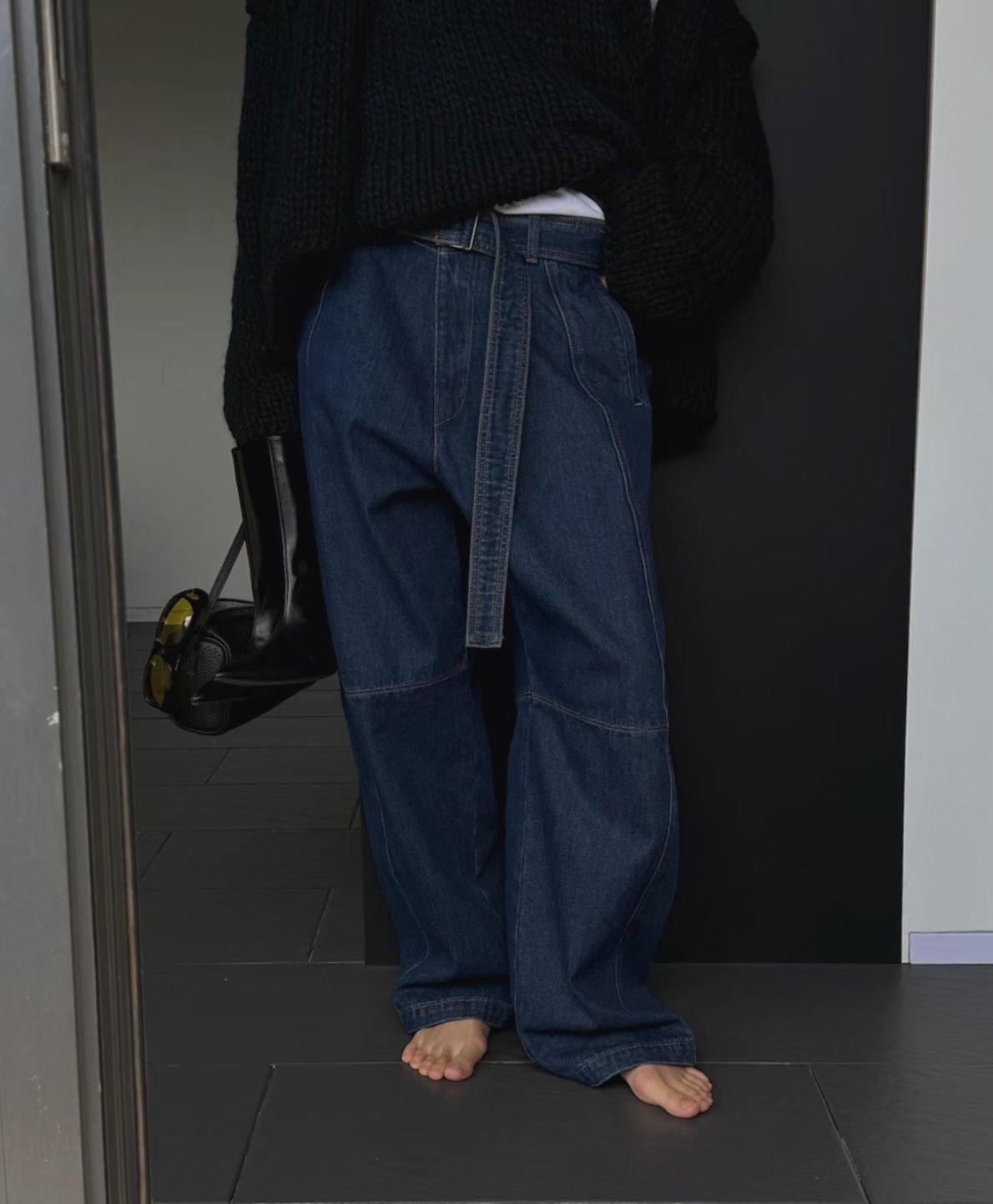 🇰🇷⭐️腰帶設計十字拼接線闊腿牛仔褲（男女款）