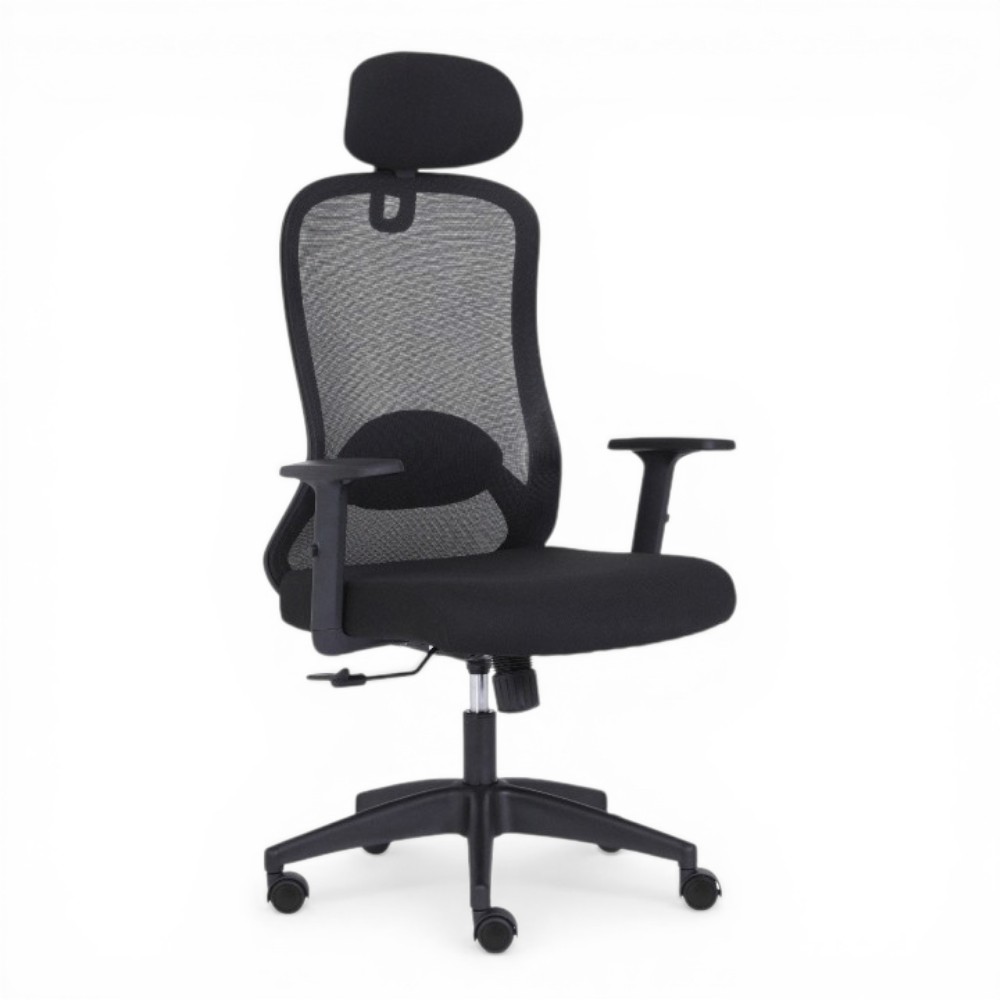 季風網布頭枕高背扶手電腦椅-黑色