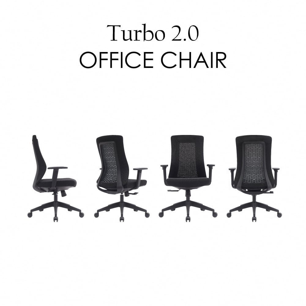 Turbo 2.0 極速黑框中背扶手半網人體工學電腦椅-黑色