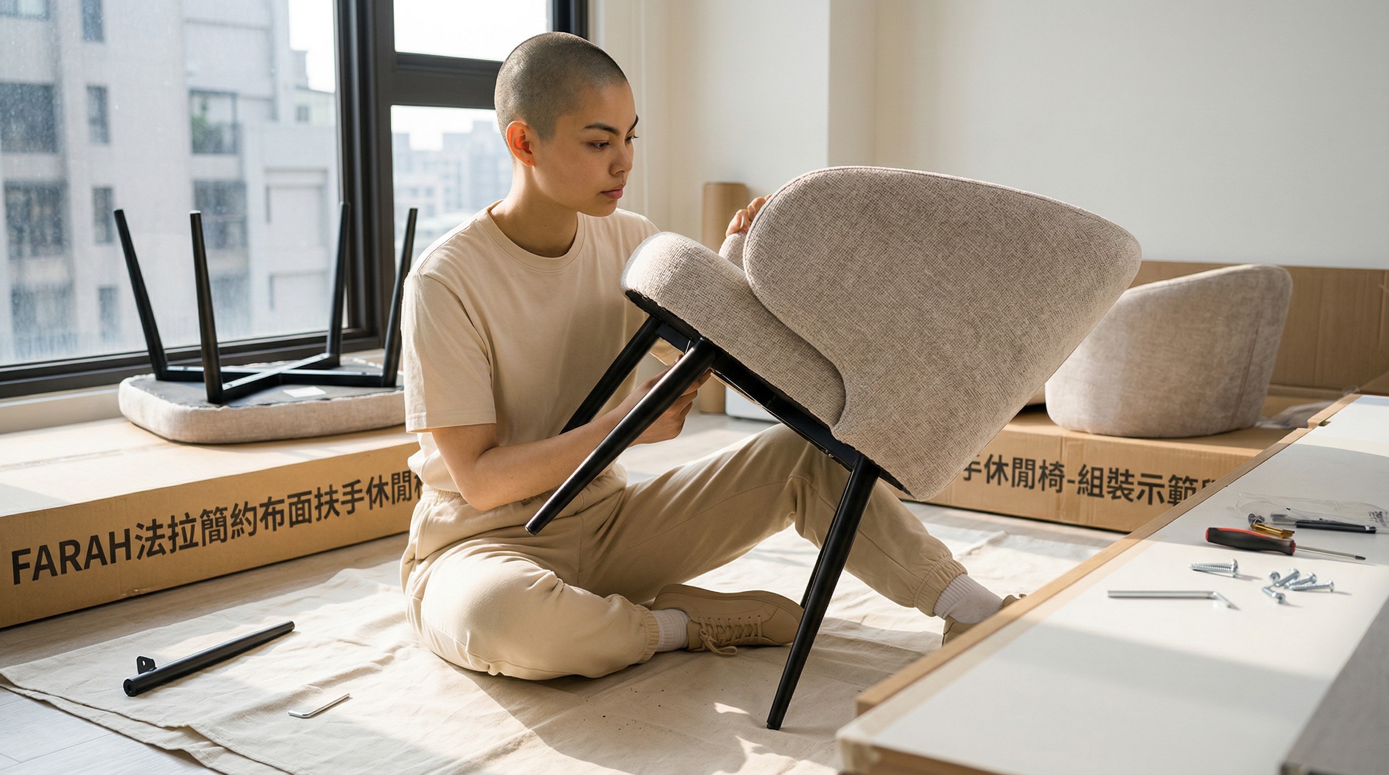 Farah法拉簡約布面扶手休閒椅-組裝示範