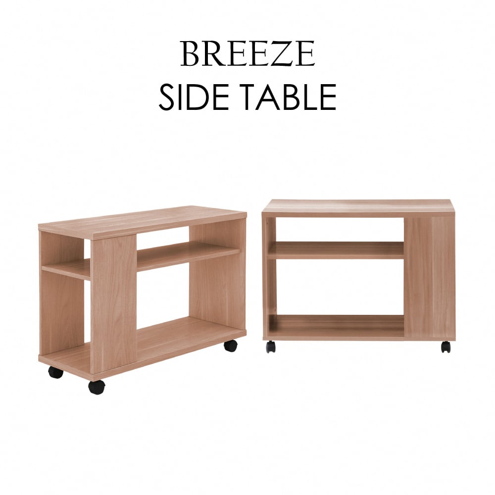 Breeze微風系開放收納雙剎車輪邊几邊櫃-原木色