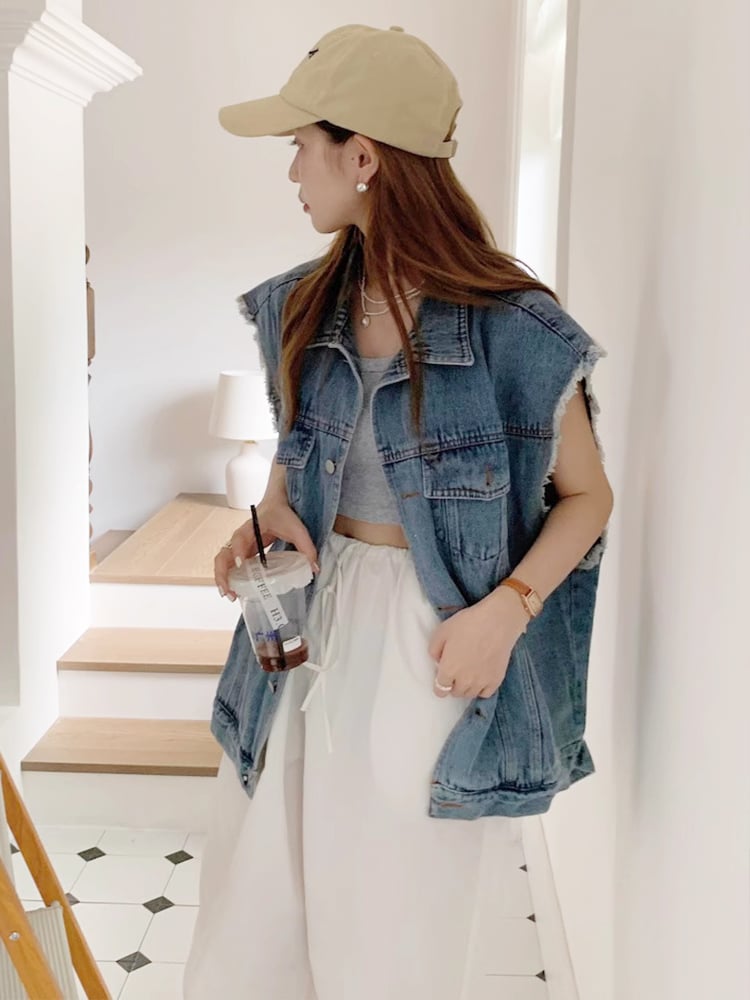 網紅百搭毛邊牛仔背心