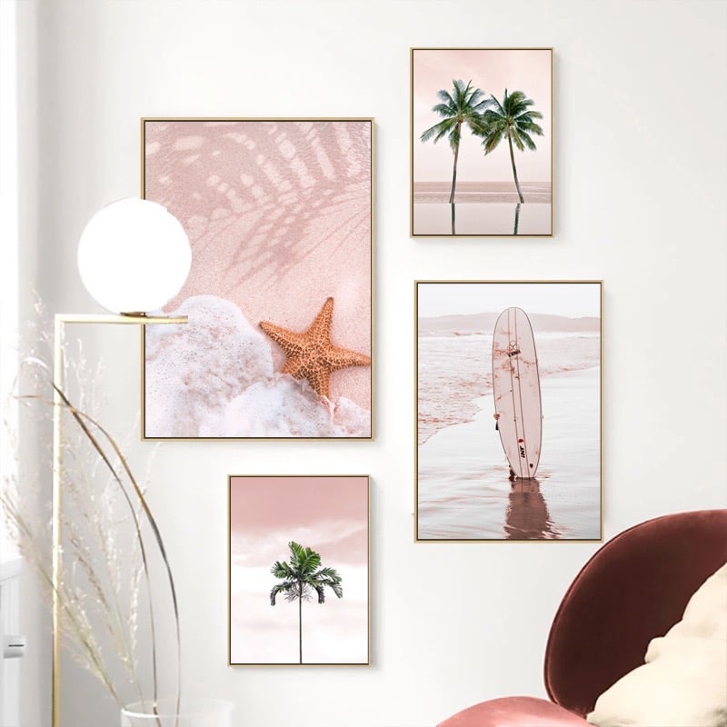 現代簡約 海洋 沙灘 粉紅色北歐粉色椰樹大海風景 6款