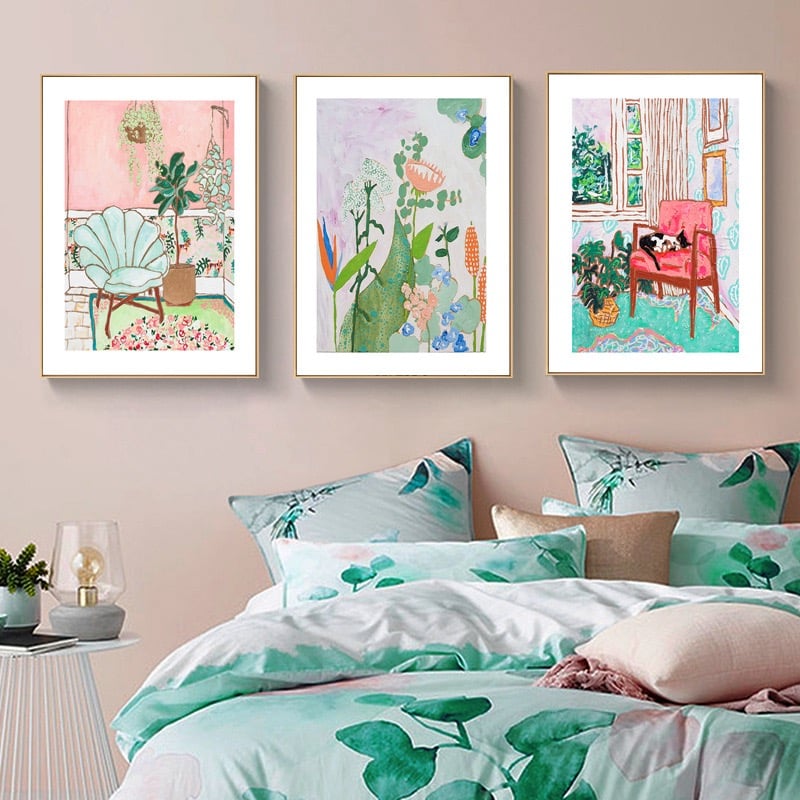 油畫風格 貓咪 陽台 北歐小清新綠色植物 三款