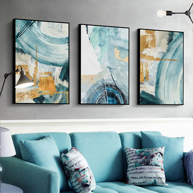 油畫風 隨性藍色系色彩抽象 三聯 ３款