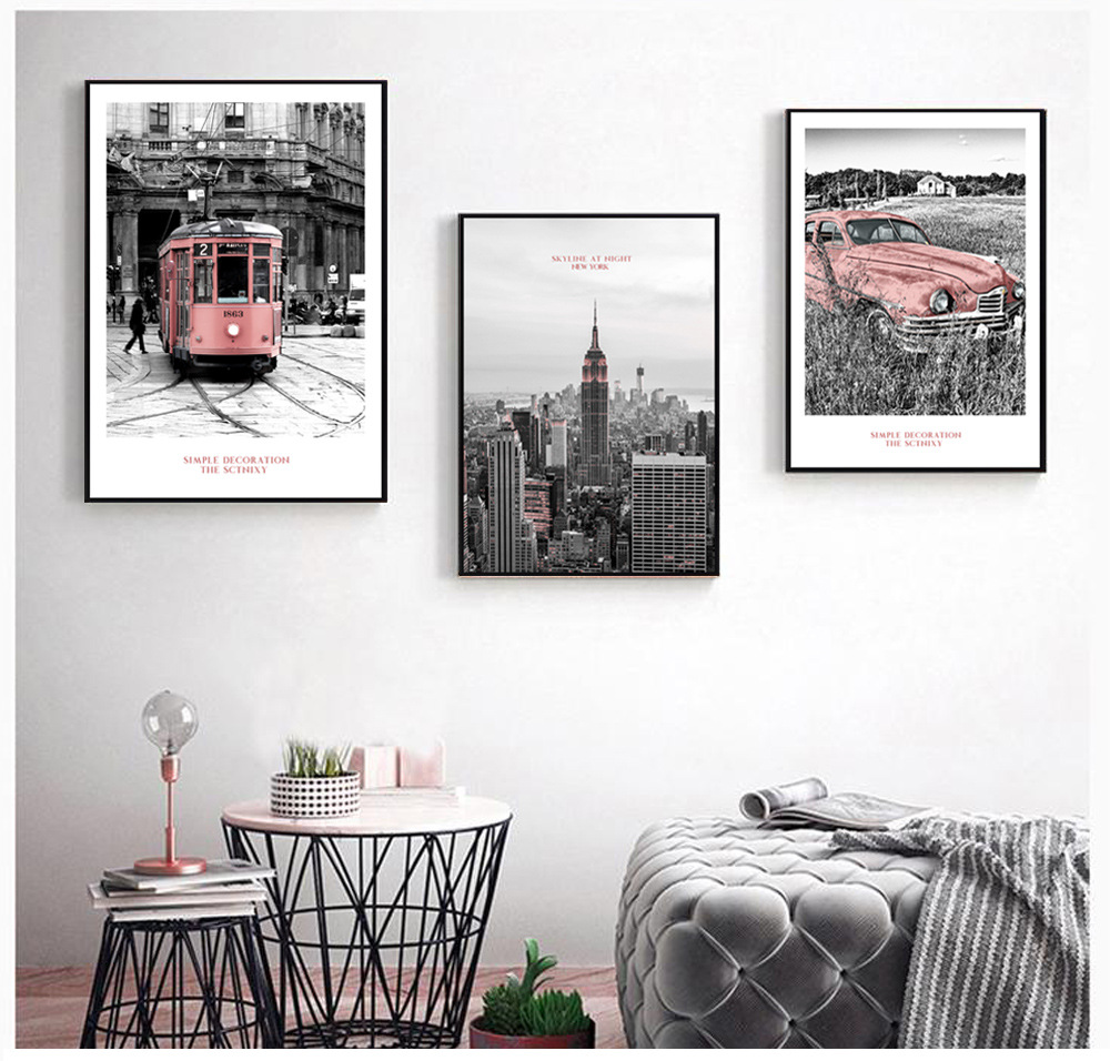 北歐簡約黑白風景建築汽車 粉紅 三款