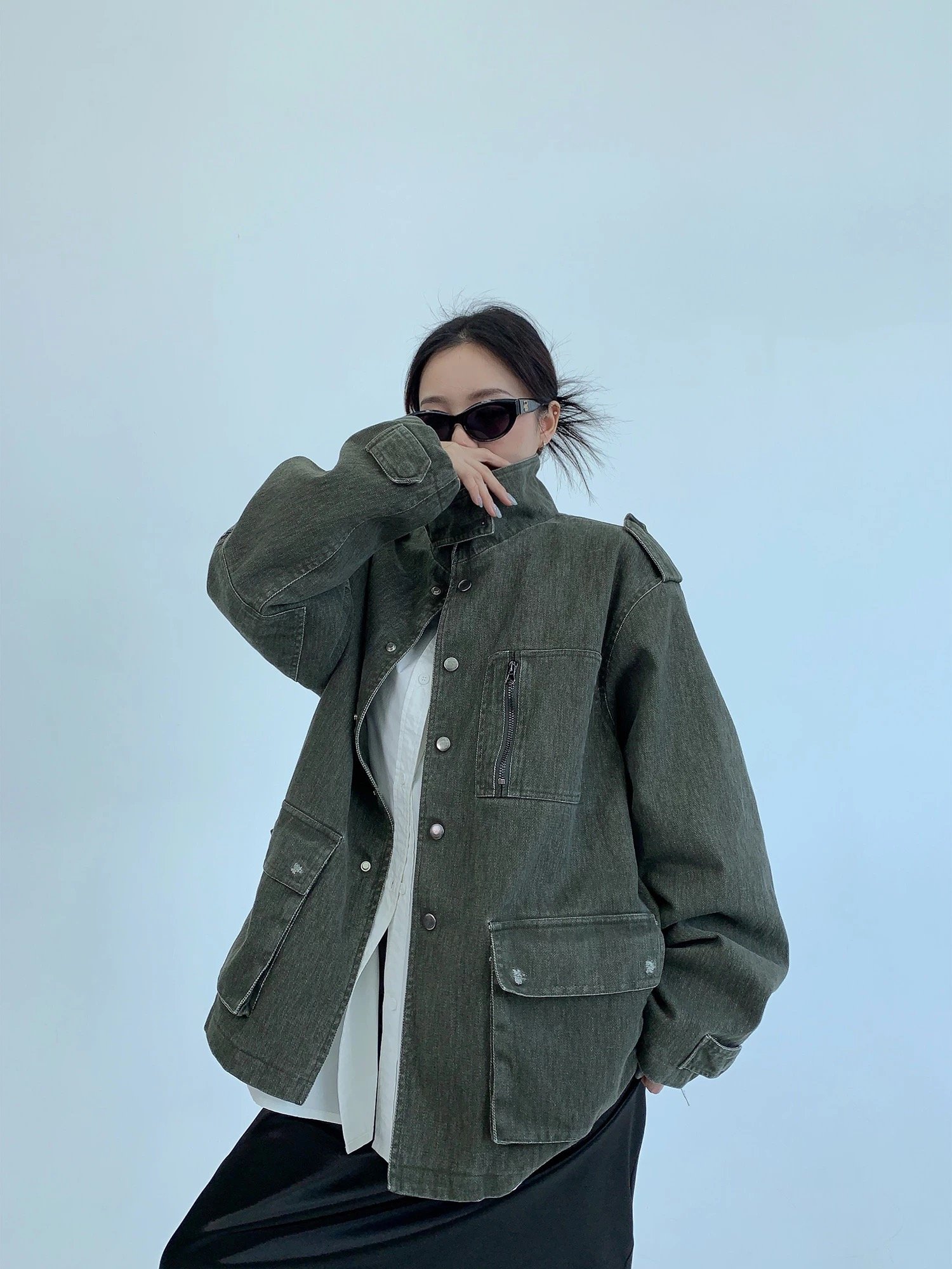 美式重工寬松多口袋立領夾克