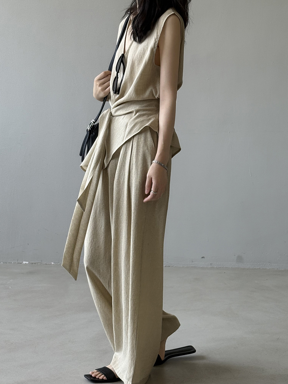 V領亞麻綁帶收腰無袖長褲套裝