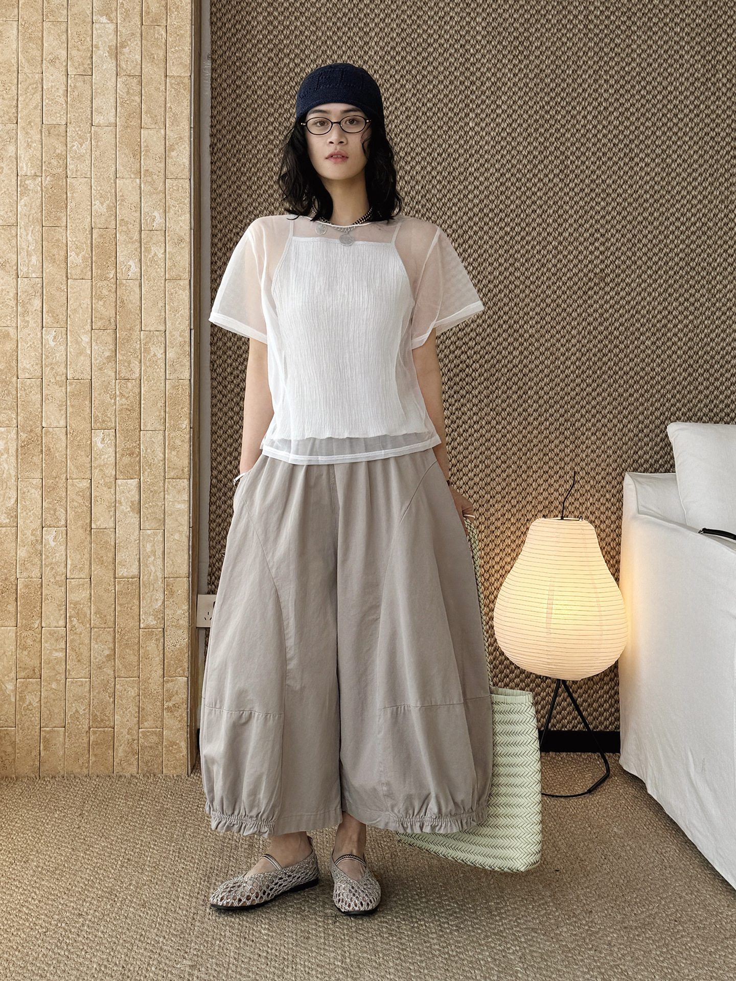 鬆緊腰立體燈籠寬鬆輪廓九分褲