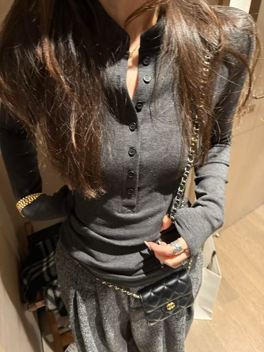 彈力半高領排扣抓絨亨利領T恤