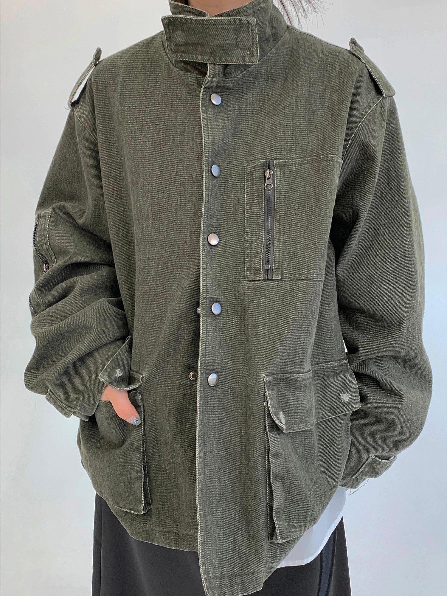 美式重工寬松多口袋立領夾克