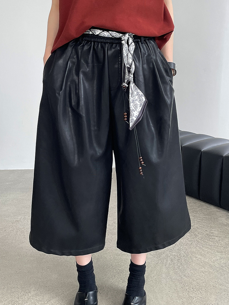 八分皮質顯瘦高腰百搭闊腿褲