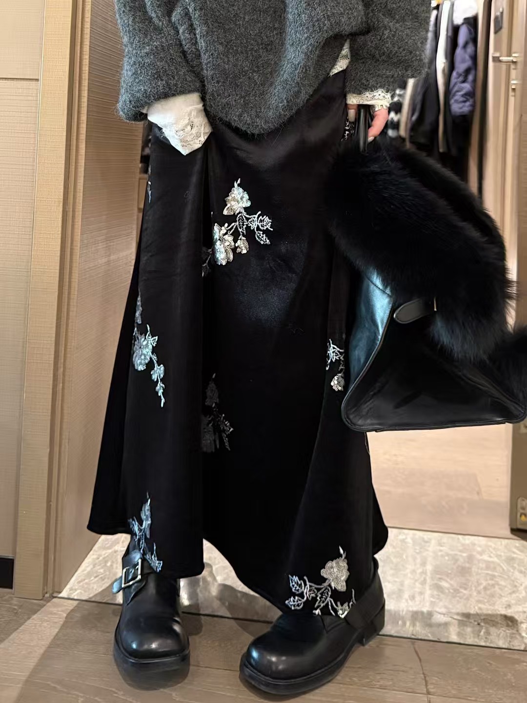 垂感鬆緊腰亮片絲絨半身裙