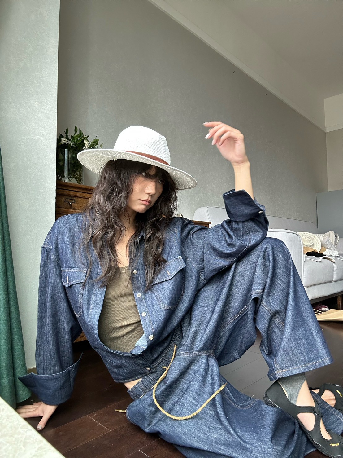 原牛可收腰落肩廓形長褲套裝