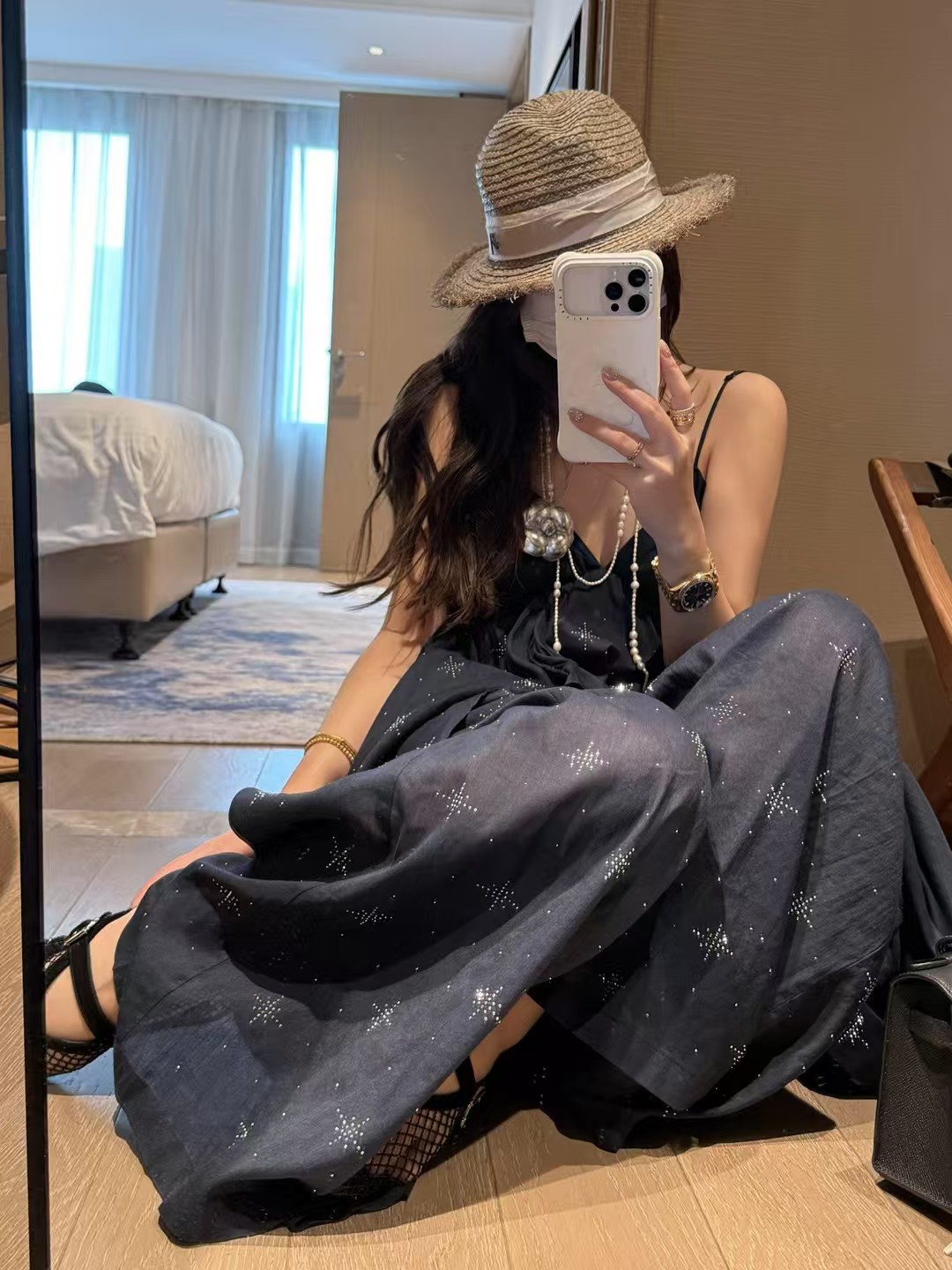 燙鑽不規則吊帶背心亞麻長褲