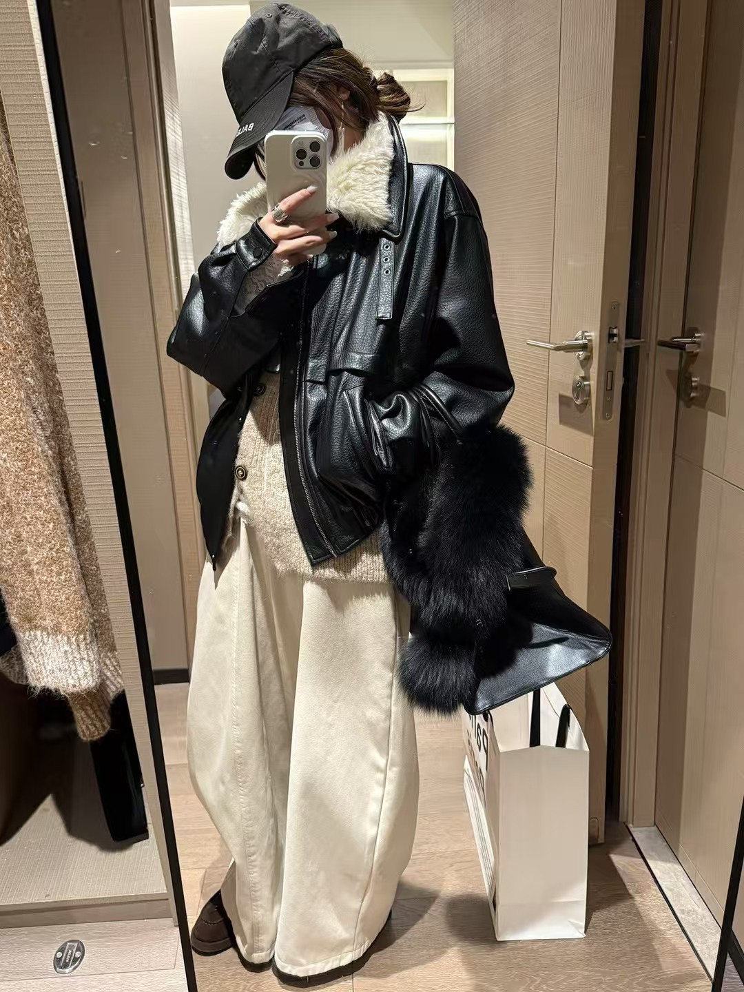 環保皮保暖毛領夾棉外套