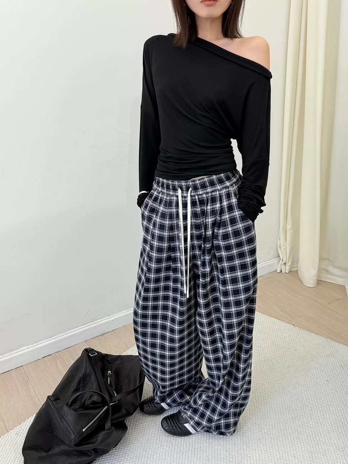 春季慵懶鬆弛感撞擊色格紋褲顯瘦休閒長褲