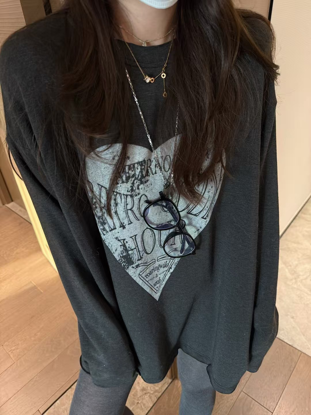 印花長袖 抓絨愛心t恤