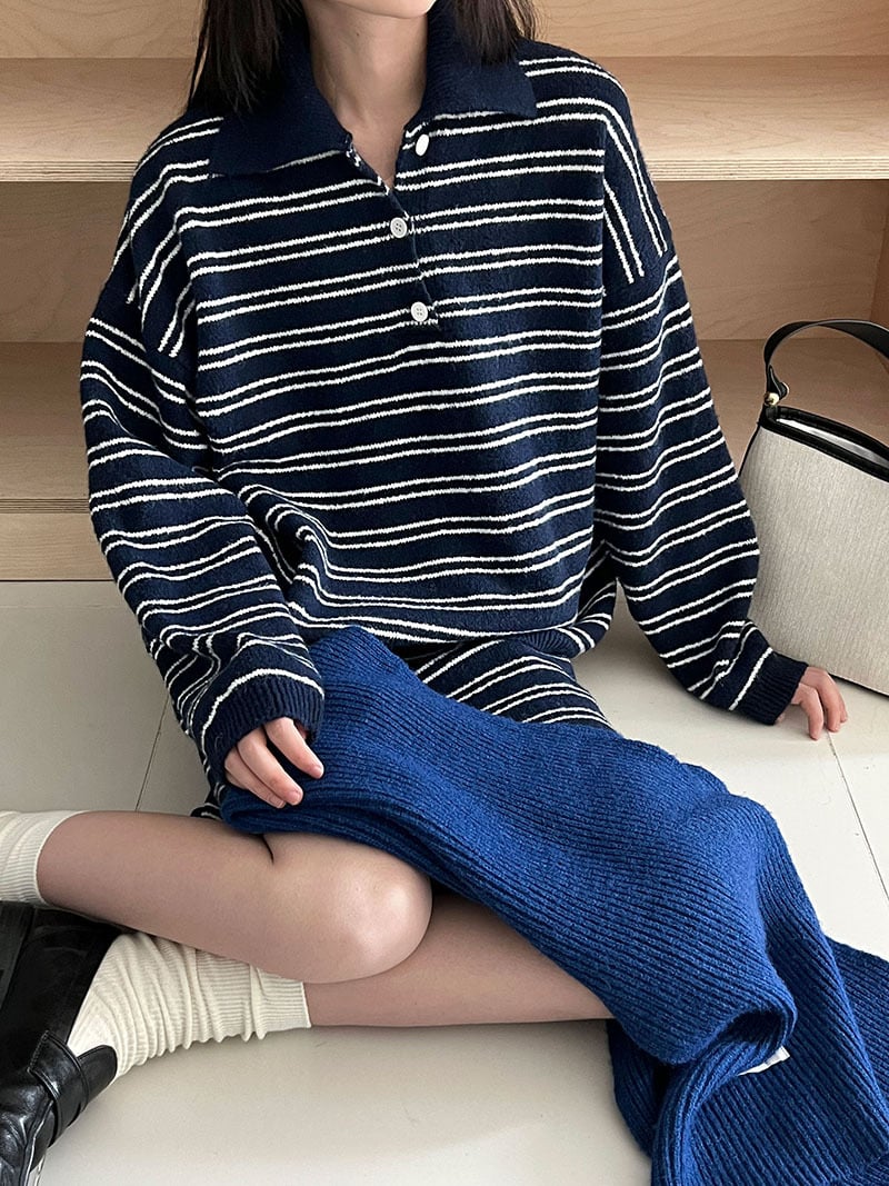 條紋翻領針織衫半身裙套裝