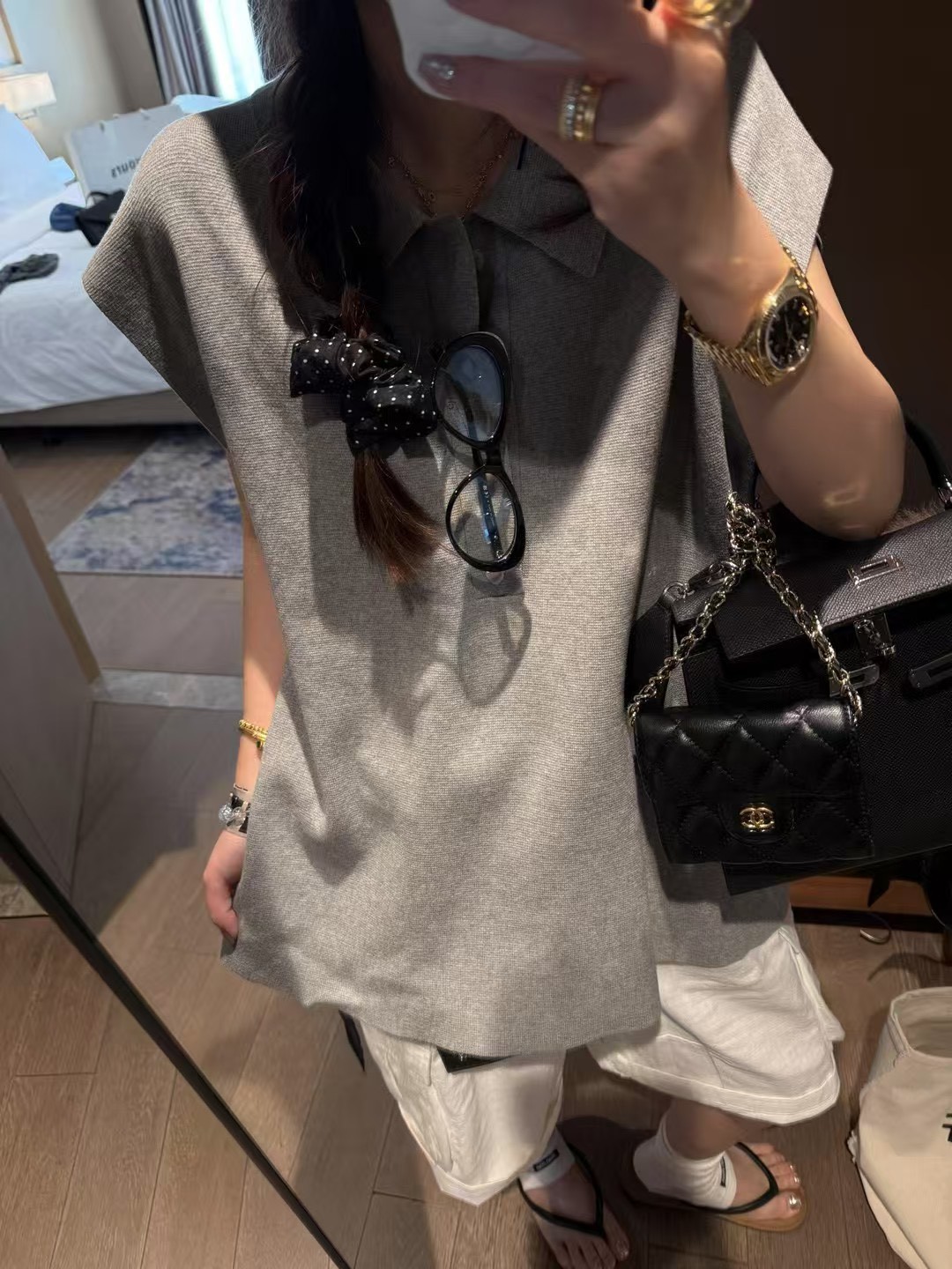 全棉紗POLO領愛心扣寬鬆上衣