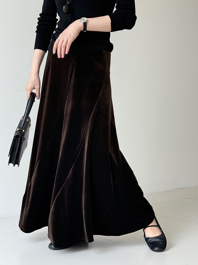 韓系氣質金絲絨百摺長裙