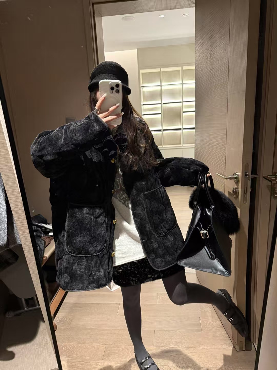 夾棉可拆式花邊領絲絨大衣