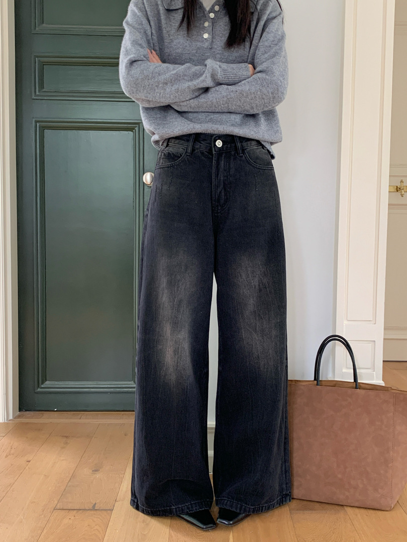 美式復古雪花水洗黑闊腿牛仔褲