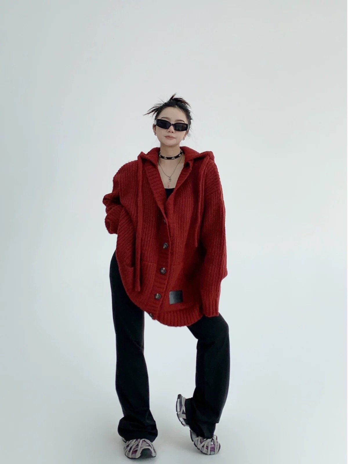 粗針織連帽毛衣外套