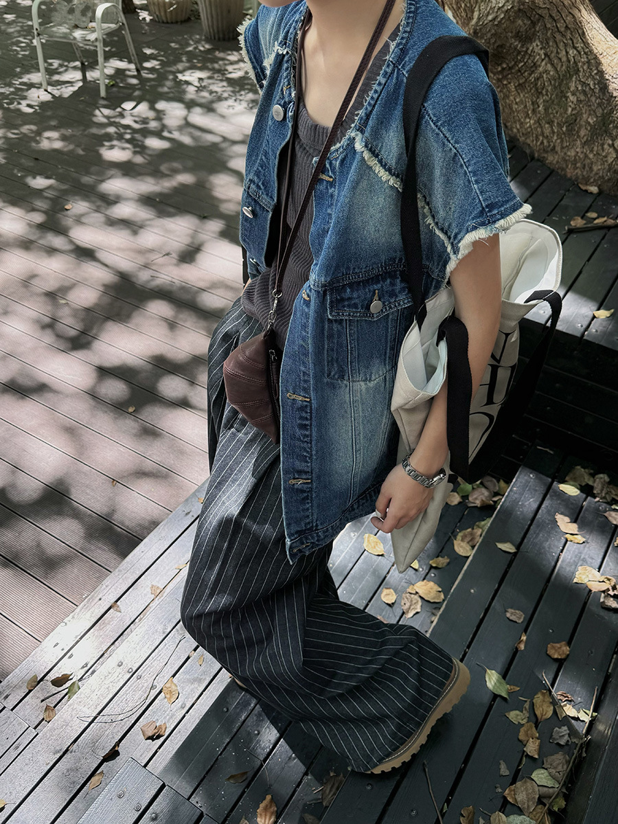 復古毛邊牛仔馬甲美式水洗